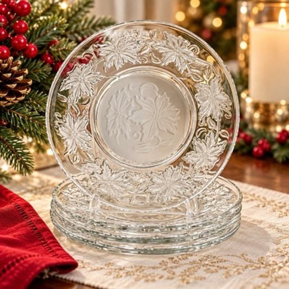 Princess House Fantasia Poinsettia Crystal 6.25” Dessert Plates Set of 4